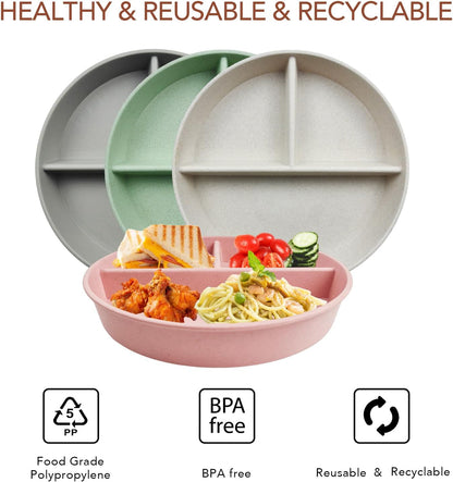 greenandlife 9 Inch 4PCS Portion Control Plates with Lids, Divided Plates for Kids Adults, Dishwasher Microwave Safe Compartment Plate, Unbreakable Lightweight Reusable Wheat Straw Plate, Earth Tone