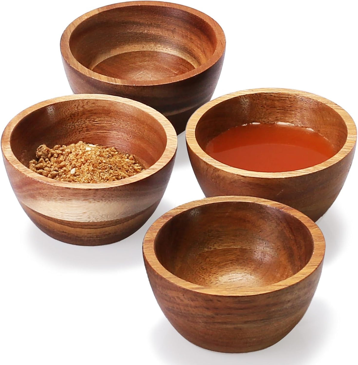 Acacia Wooden Bowls Set, Small Pinch Bowls for Sauces/Dips/Condiments, Mini Serving Bowls for Snacks/Appetizers/Side Dishes/Charcuterie Board, 3 oz Wooden Ramekins, Handmade Reusable, 4 pcs