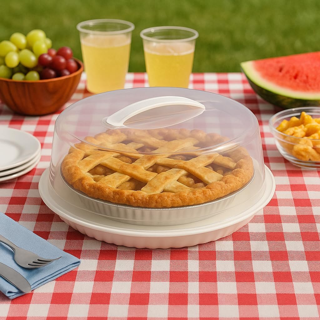 2-Pack Plastic Pie Carriers with Lids – BPA-Free, Clear Dome with White Fluted Base – Fits 10” Pies – Freezer Safe, Slide Lock, Built-in Handle – Pie Storage & Transport Set