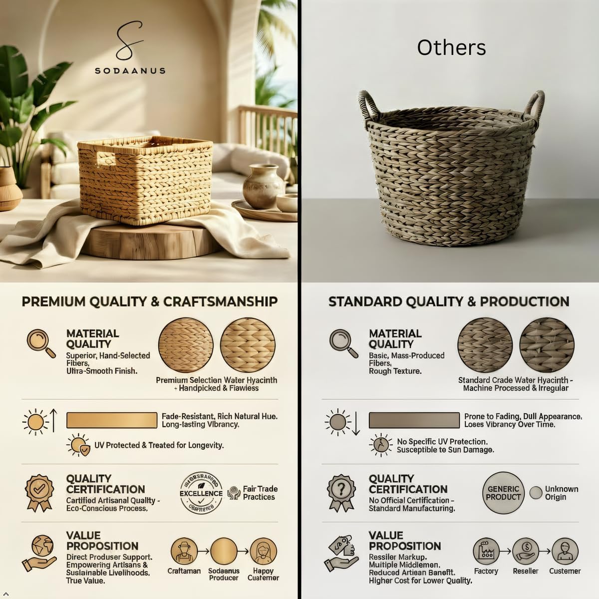 Water Hyacinth Storage Baskets Set of 2 - Medium Decorative Wicker Baskets for Organizing Shelves, Rectangular Woven Storage Bins with Handles for Pantry, Bathroom, Living Room 13"x9"x7"