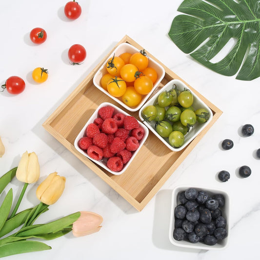 Ceramic Snack Bowls with Bamboo Tray Set,Divided Serving Bowls and Platters for Hosting & Party,Removable Serving Dishes for Chips and Dip,Fruit,Veggies,Candy and Snacks Kitchen Decor (4)