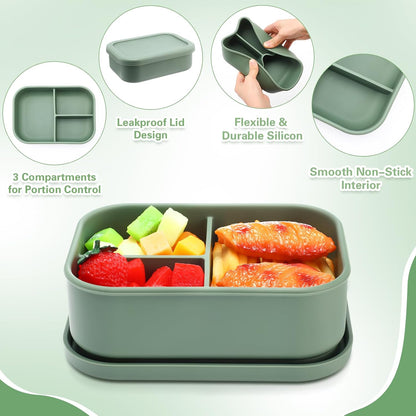 Honeydak 6 Pcs Silicone Bento Box Reusable Silicone Bento Lunch Container for Adults Microwave Dishwasher Freezer Safe 3 Compartment (Light Colors)
