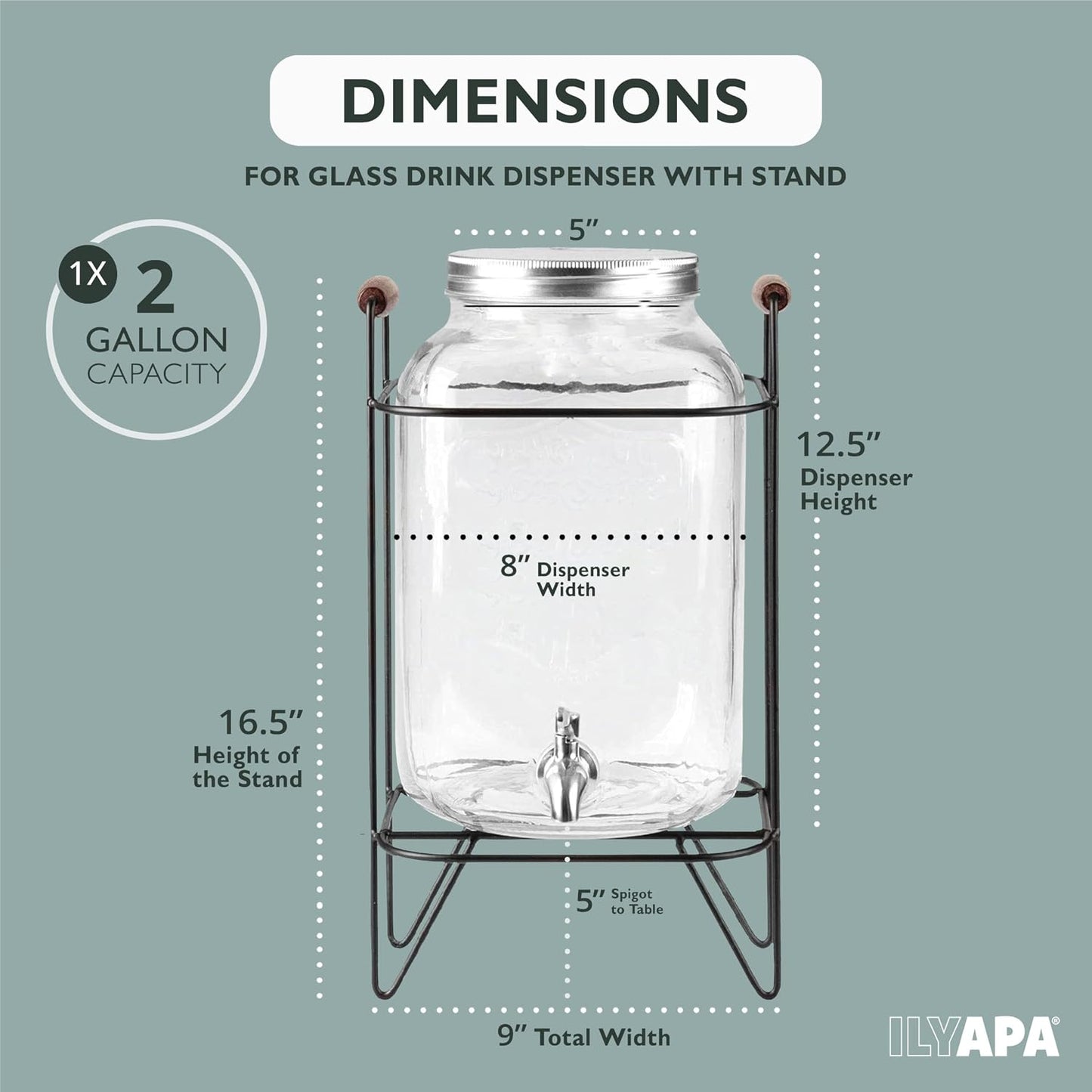 Ilyapa 2 Gallon Glass Beverage Dispenser, Metal Base, Stainless Steel Spigot & Hanging Chalkboard - for Lemonade, Tea, Cold Water & More
