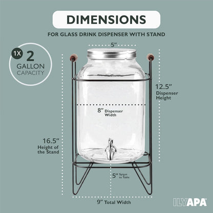 Ilyapa 2 Gallon Glass Beverage Dispenser, Metal Base, Stainless Steel Spigot & Hanging Chalkboard - for Lemonade, Tea, Cold Water & More