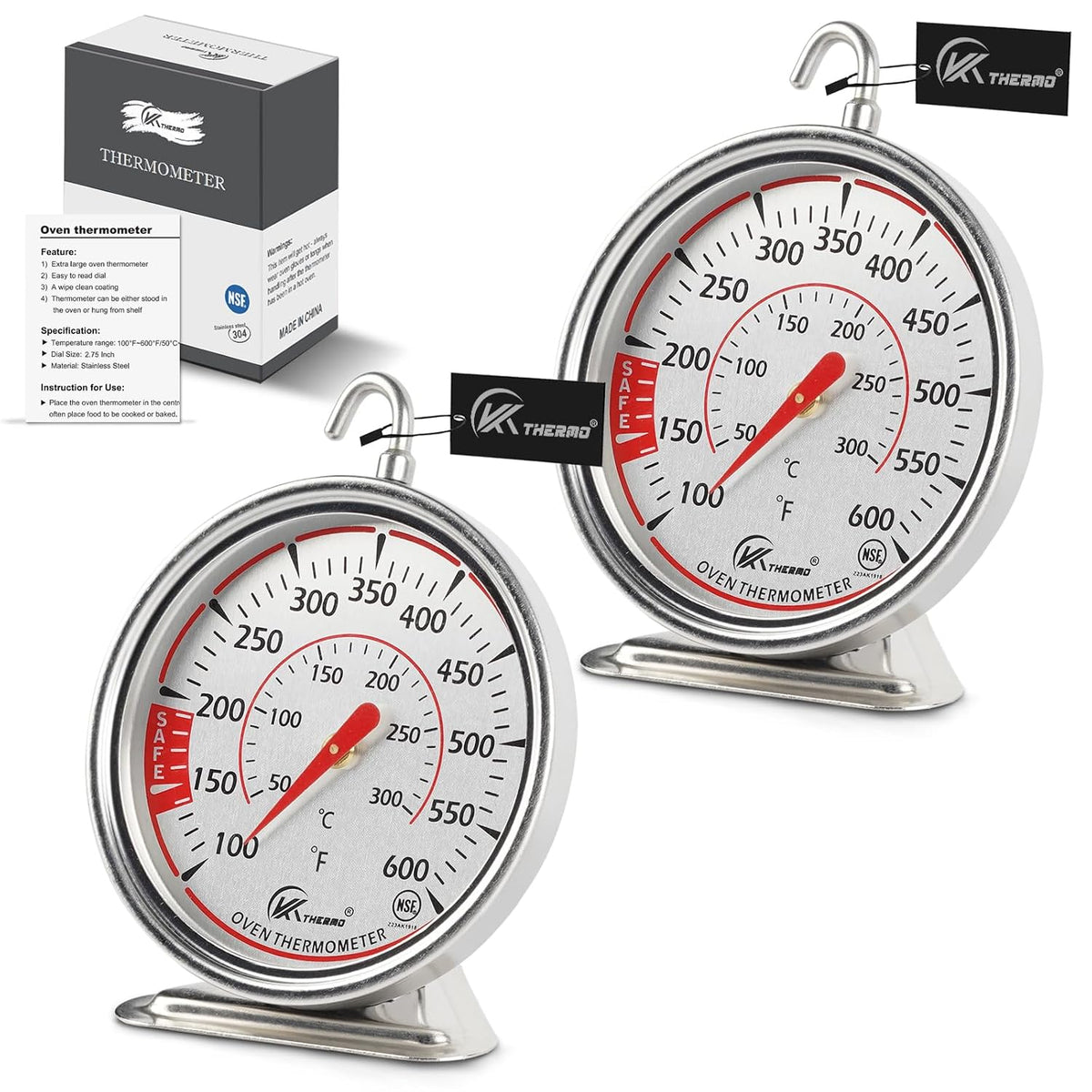 Oven Thermometer 2.75-Inch Dual Scale, 50-300°C/100-600°F, NSF 2‑Pack