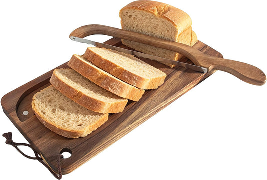 THOUSAND SUNNY Sourdough Bread Slicer Set, Wooden Board Bread Board and Knife Set with Crumb Tray Magnetic Storage for Kitchen