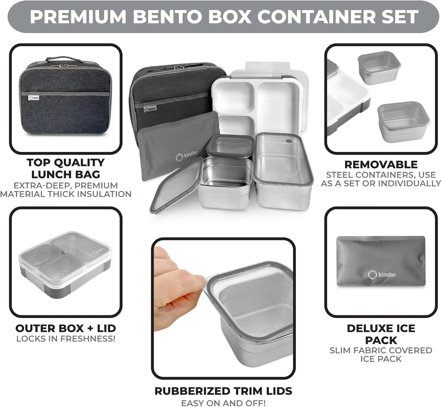 Stainless Steel Bento Lunch Box Set For Adults, Kids - Insulated Bag And Ice Pack - Leak-Proof Metal Compartment Meal Prep Food & Snack Containers For Work Travel School Daycare, 42 Oz Grey Black