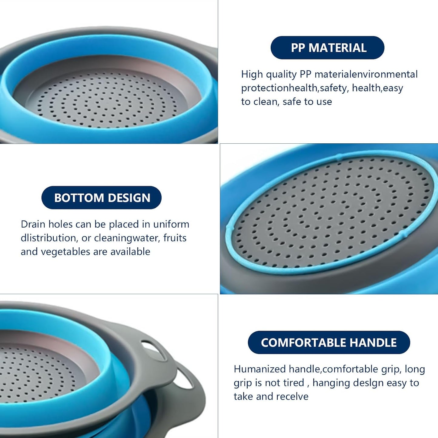 Collapsible Colander Set of 3, Space-Saving Silicone Strainers with Handles, Heat Resistant Food Draining Baskets for Vegetables, Fruits, Pasta, Kitchen, RV & Camping Use (Blue)