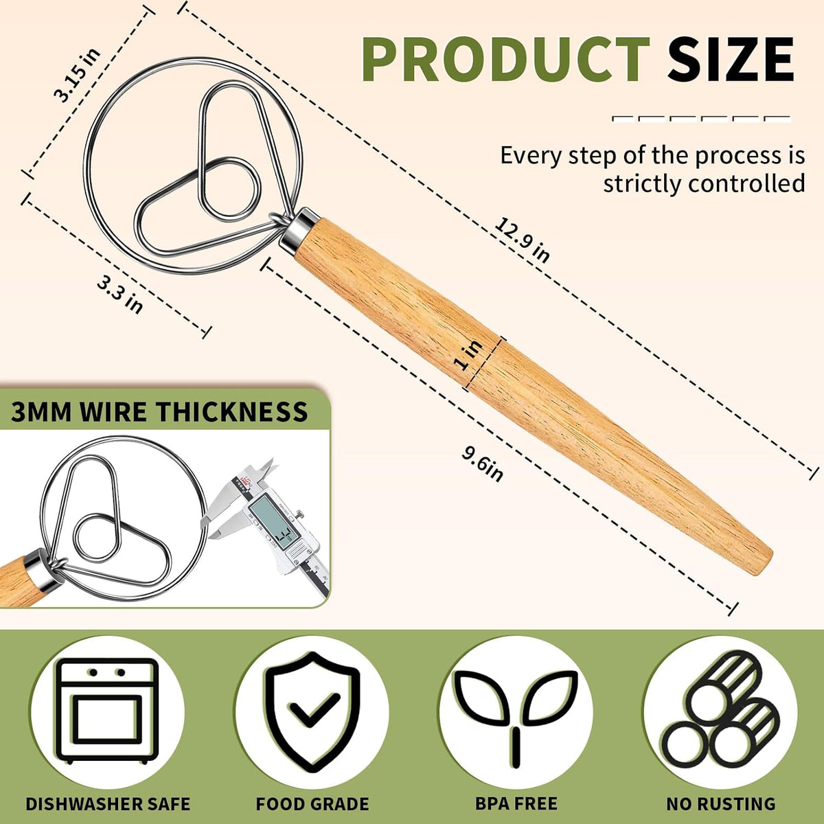 Hand Whisk Stainless Steel Dough Hook Dutch Whisk for Sourdough Bread Dough Mixer Hand Wooden Handle Kitchen Whisking Mixing Tool Bread Making Tools (1 eye)