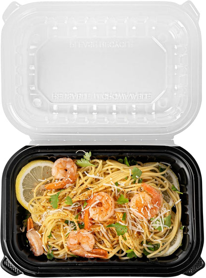 Thermo Tek 40 Ounce Clamshell Containers, 50 Disposable Take Out Boxes - 3 Compartments, Ventilated Lids, Black Plastic Meal Prep Containers, Microwavable, For Pasta Or Salads - Restaurantware