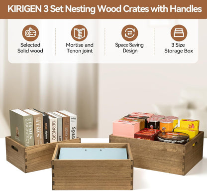 KIRIGEN Nesting Wood Crates with Handles, Set of 3 Storage Boxes Natural | 3 Different Size Decorative Box Organizer for Towels, Books, Crafts Fully Assembled