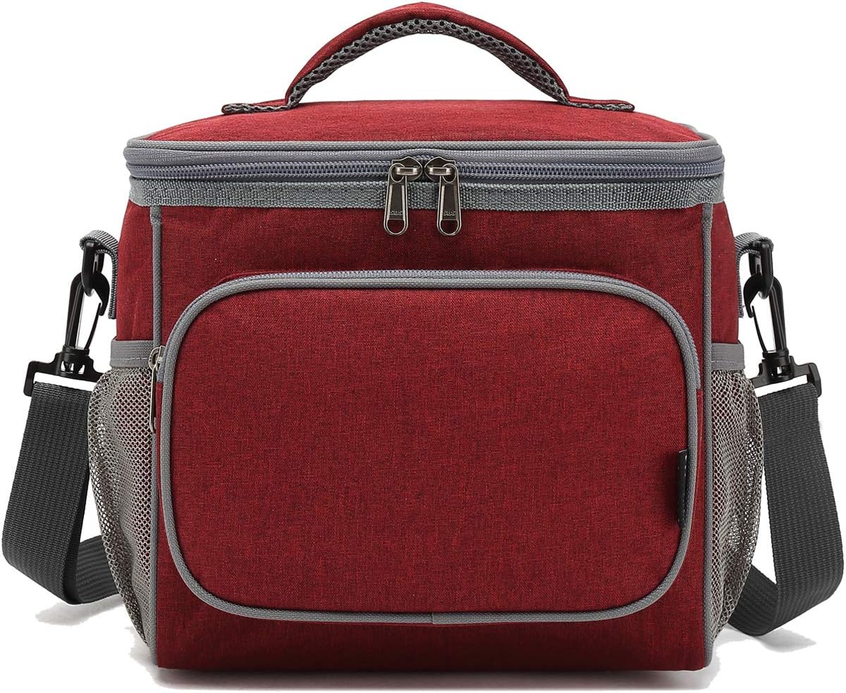 FlowFly Insulated Reusable Lunch Bag Adult Large Lunch Box for Women and Men with Adjustable Shoulder Strap,Front Zipper Pocket and Dual Large Mesh Side Pockets,Cherry - Colors A