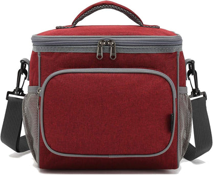 FlowFly Insulated Reusable Lunch Bag Adult Large Lunch Box for Women and Men with Adjustable Shoulder Strap,Front Zipper Pocket and Dual Large Mesh Side Pockets,Cherry - Colors A