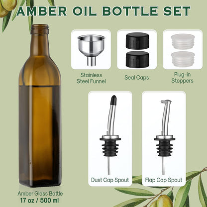 AOZITA 17oz Glass Olive Oil Bottle Dispenser - 500ml Green Oil and Vinegar Cruet with Pourers and Funnel - Olive Oil Carafe Decanter for Kitchen