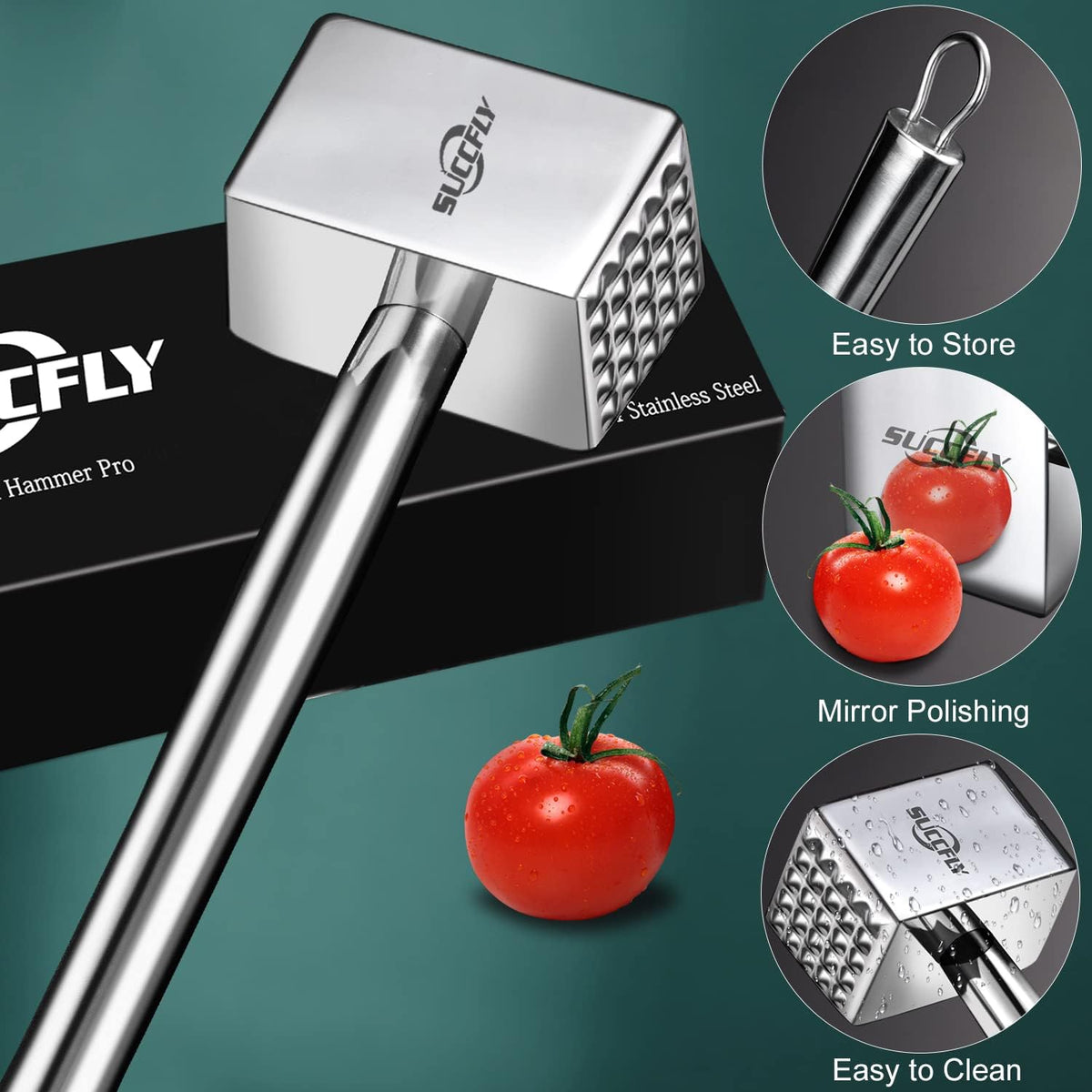 SUCCFLY Stainless Steel Meat Tenderizer Tool, Heavy Duty Meat Mallet 1.65LB