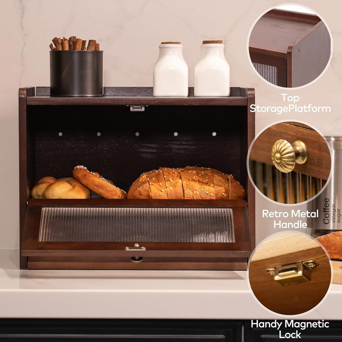 Solid Wood Bread Box with Pull-Out Bamboo Bread Slicer for Kitchen Counter
