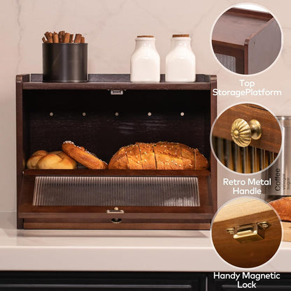 Solid Wood Bread Box with Pull-Out Bamboo Bread Slicer for Kitchen Counter