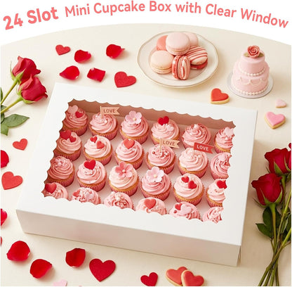 2 Pack White Mini Cupcake Boxes Containers Hold 24 MINI Cupcakes, 13 x 8.8 x 3.5 Inch Dessert Muffins Box with Window and Inserts for Birthday Holiday Party Bakery Supplies
