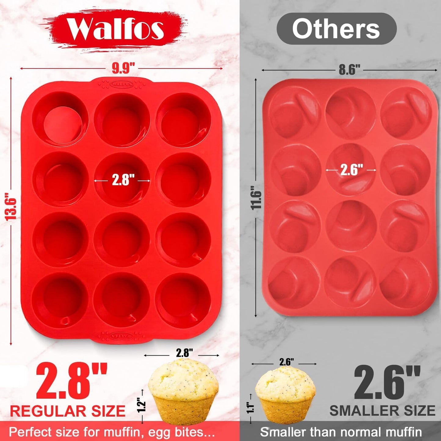 Walfos Silicone Muffin Pan - 12 Cups Regular Silicone Cupcake Pan, Non-stick Great for Making Muffin Cakes, Tart, Bread - BPA Free and Dishwasher Safe