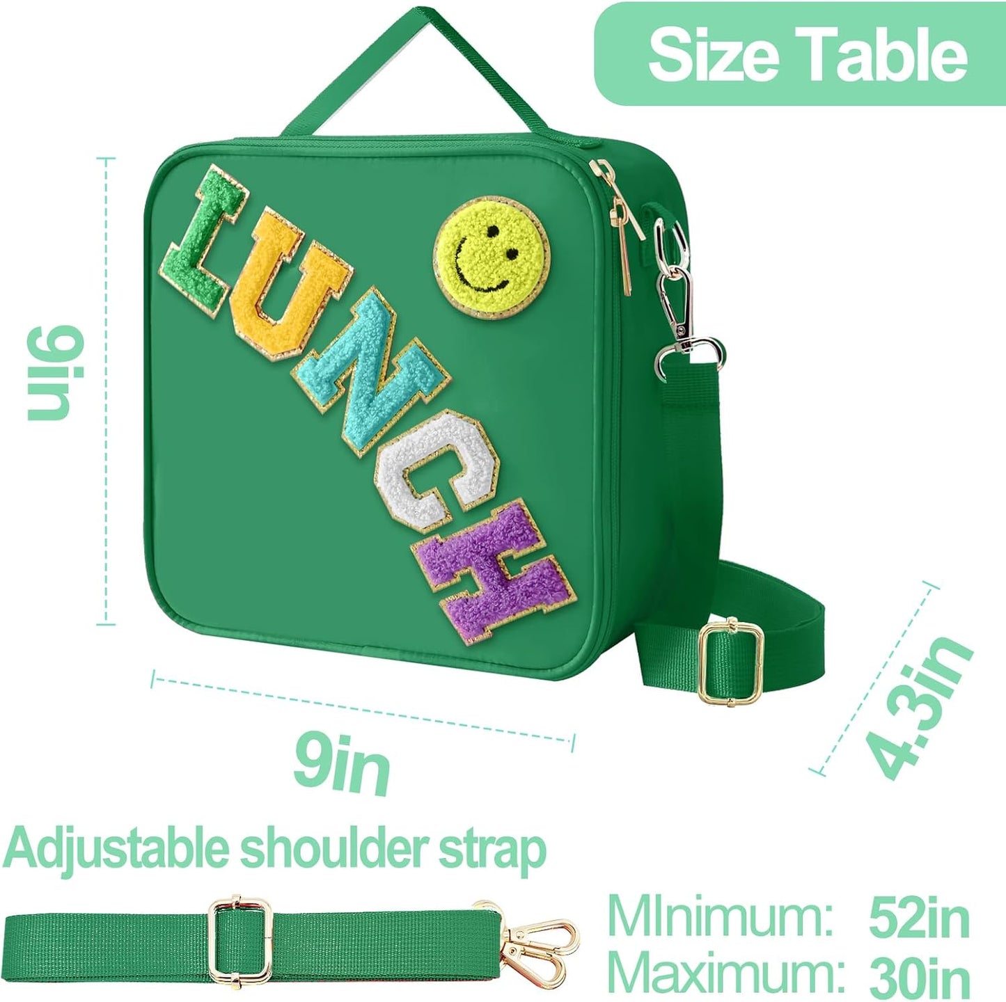 Insulated Lunch Bag With Adjustable Shoulder Strap, Nylon Preppy Lunch Box Large Insulated Lunch Bag Reusable Lunch Tote Bag with Smiley Preppy LunchBag for Girls School Travel Picnic (Green)