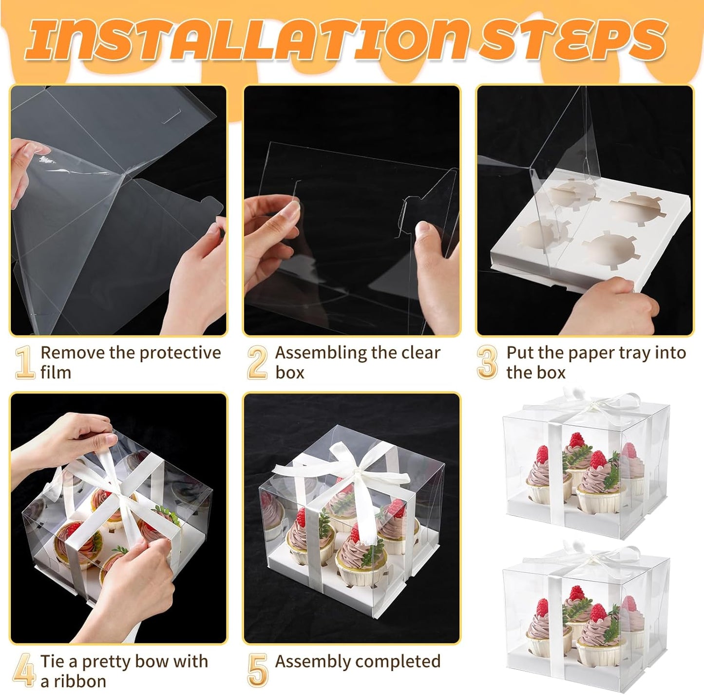 JCD 4 Pack Clear Cupcake Boxes, Plastic Cupcake Containers with Gift Ribbon, 5.5inches height Holder 6 Count Cup Cake Boxes for Parties, Baking, Wedding, Transport (6count/4pcs)