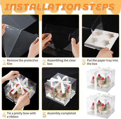 JCD 4 Pack Clear Cupcake Boxes, Plastic Cupcake Containers with Gift Ribbon, 5.5inches height Holder 6 Count Cup Cake Boxes for Parties, Baking, Wedding, Transport (6count/4pcs)