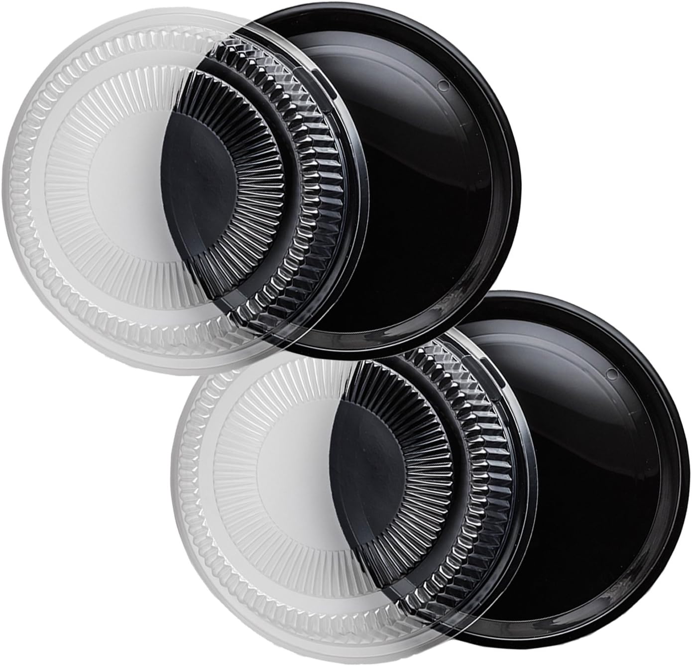 Party Essentials Hard Plastic 12" Black Trays With Clear Dome Lids, Set of 2 Trays and 2 Lids, Clear/Black