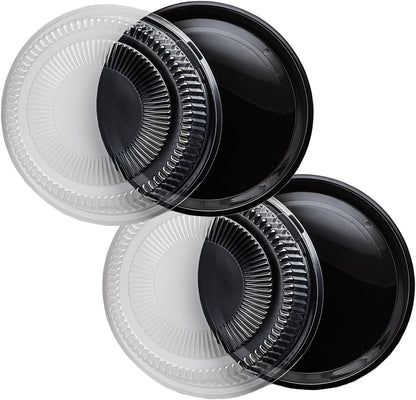 Party Essentials Hard Plastic 12" Black Trays With Clear Dome Lids, Set of 2 Trays and 2 Lids, Clear/Black