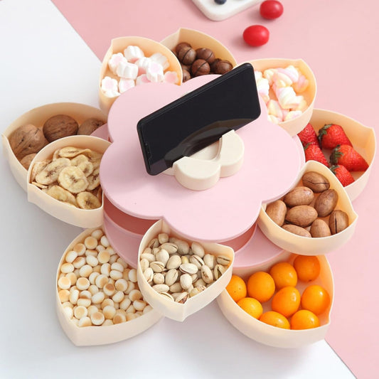 Ochine Rotatable Serving Tray and Platters, Divided Snack Serving Tray with Lid, Creative Flower Type Fruit Tray, Dried Fruit Food Storage Organizer, Double Deck Petal Shaped Platter Candy Box