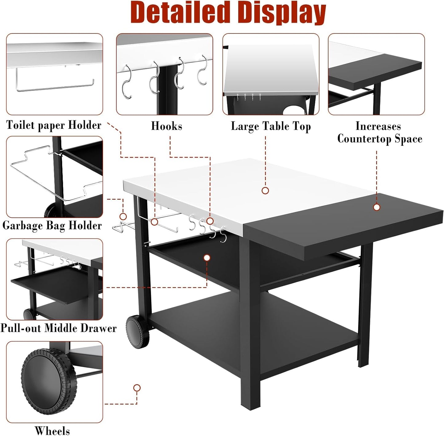 Upgraded Pizza Oven Cart Table for Ooni Koda/Karu/Fyra 16 & 12, Movable Thicken & Widen Rolling Kitchen Cart, Outdoor Grill Stand for Ninja Woodfire,Blackstone Griddle,Barbecue Tool Set