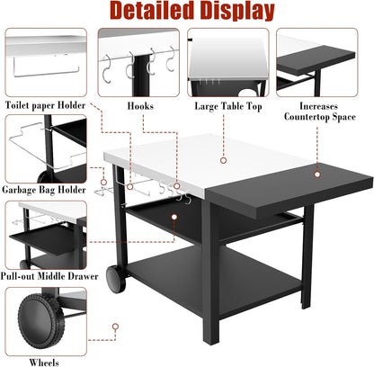 Upgraded Pizza Oven Cart Table for Ooni Koda/Karu/Fyra 16 & 12, Movable Thicken & Widen Rolling Kitchen Cart, Outdoor Grill Stand for Ninja Woodfire,Blackstone Griddle,Barbecue Tool Set