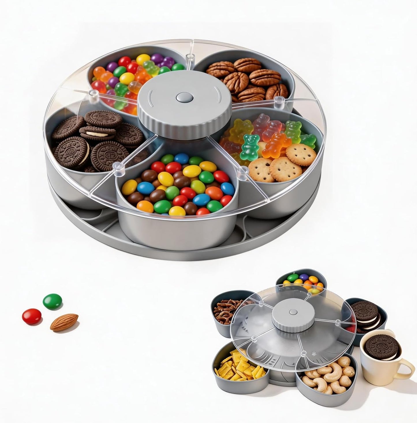 Snack Spinner with Lid, Rotating 5 Compartment Snack Tray for Fruit, Nuts, Candy and Appetizers, Divided Serving Container for Party, Family Night and Kitchen Counter (Blue)
