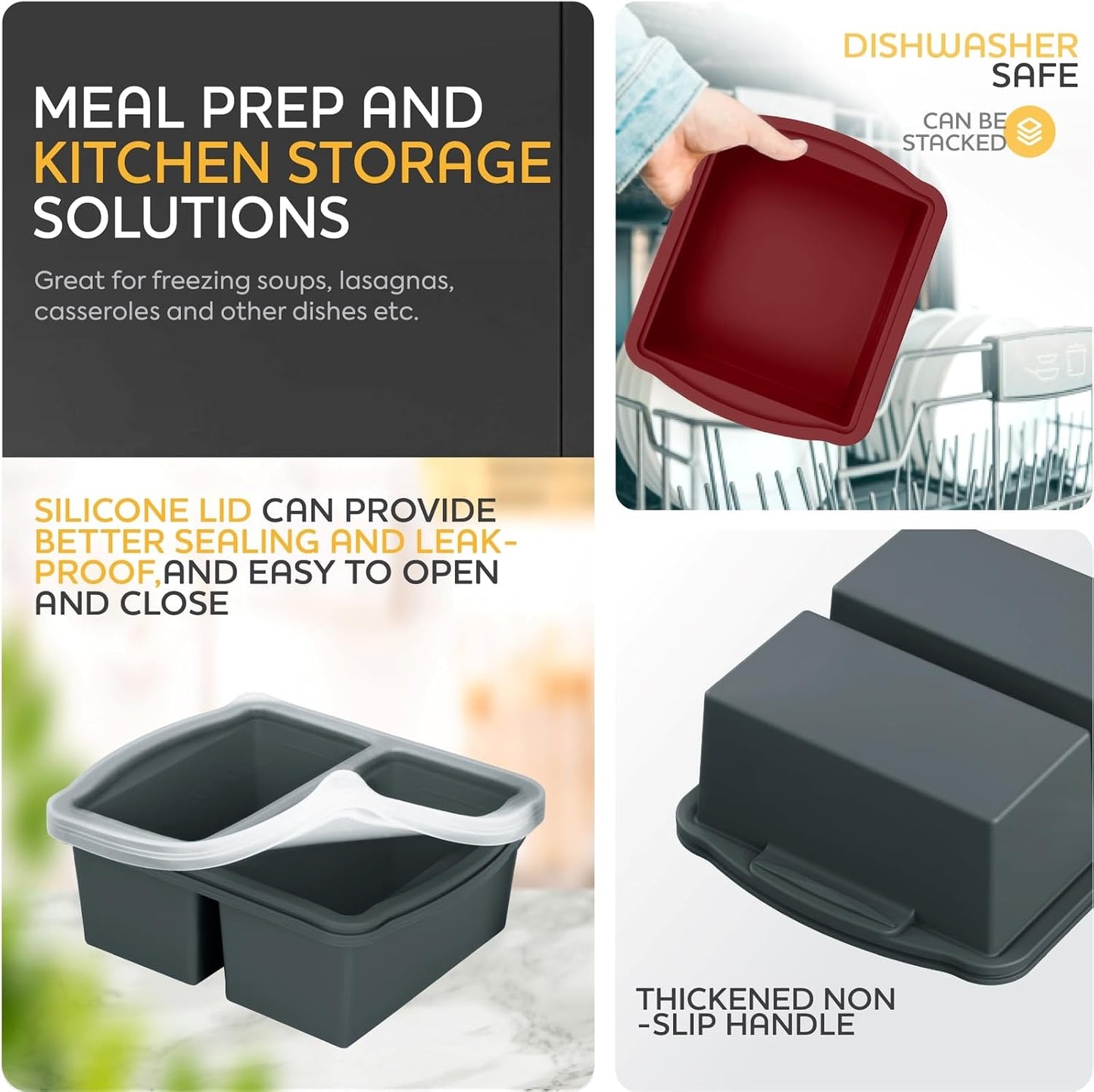 ZIP STANDING Silicone Freezer Trays with Lids, Set of 4 - with 1cup and 2 cup Silicone Freezer Molds for freezing soups, sauces and individual microwave safe