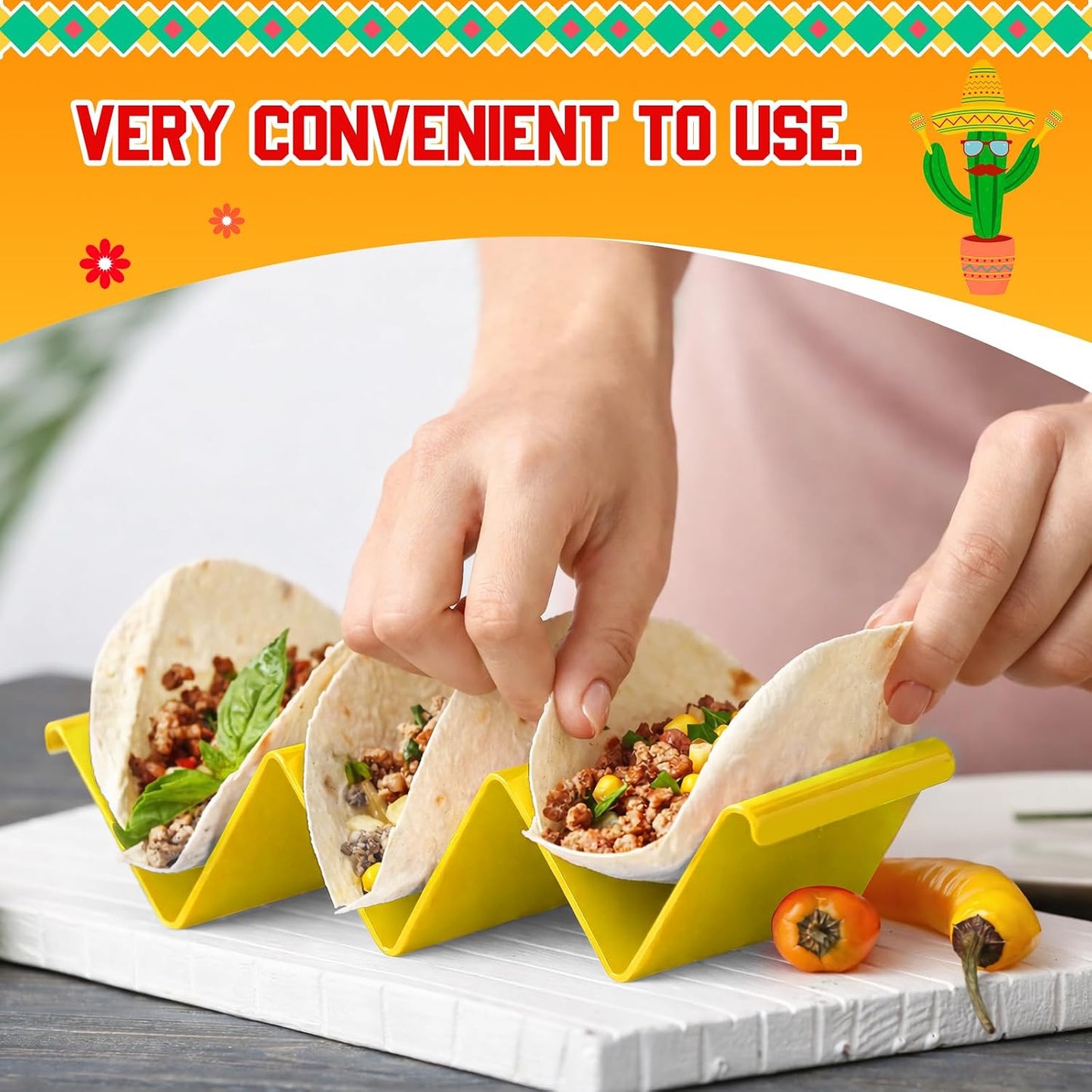 6 Pcs Taco Holder Stands Taco Tuesday Set, Holds Up to 3 Tacos, Premium PP Material Sturdy and Durable, Microwave or Dishwasher Top Rack (Yellow)