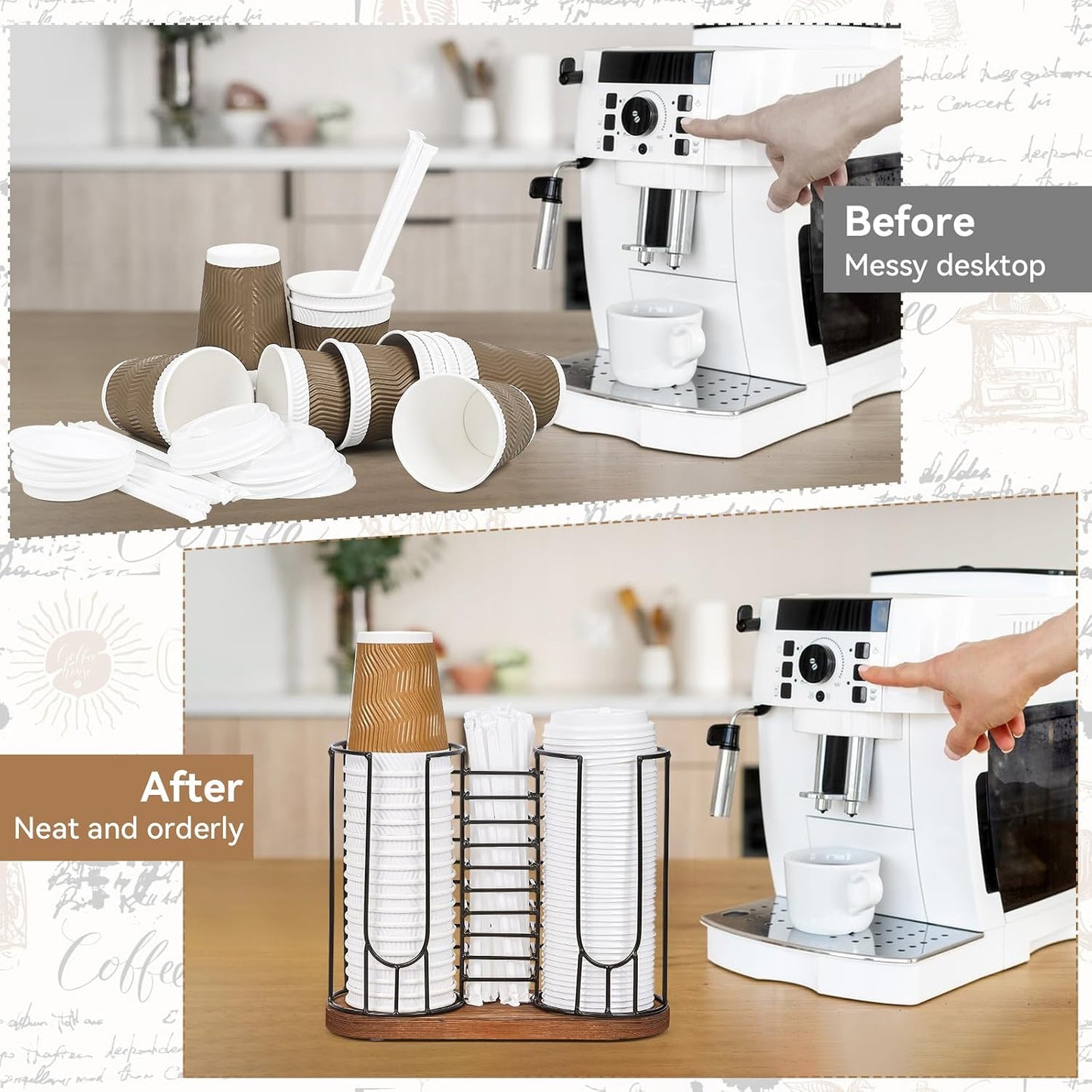 Coffee Cup Dispenser, 3 Compartment Disposable Cup and Lid Holder with Wood Base, Coffee Cup Organizer for Countertop Plastic Cup Station