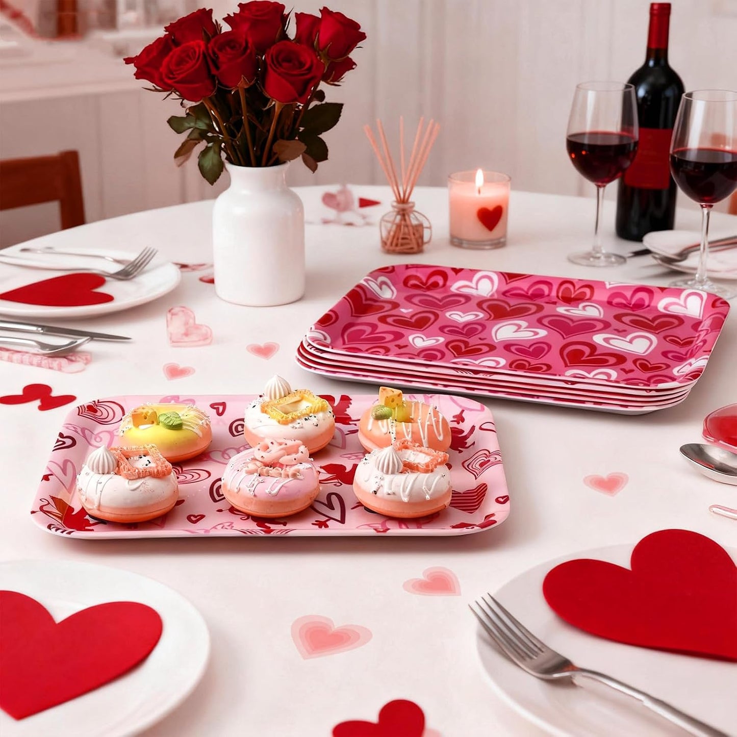 Rtteri 3 Pcs 13 x 10 Inch Valentine's Day Serving Trays Large Plastic Valentine Platters Reusable Serving Dishes Rectangle Pink Heart Candy Snack Food Tray for Valentines Day Wedding Party Table Decor