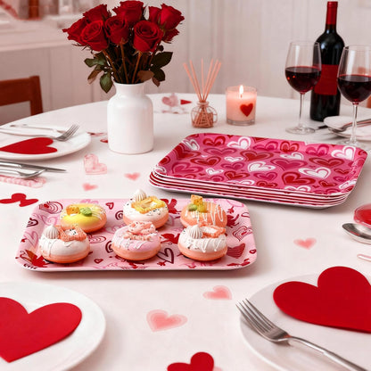 Rtteri 3 Pcs 13 x 10 Inch Valentine's Day Serving Trays Large Plastic Valentine Platters Reusable Serving Dishes Rectangle Pink Heart Candy Snack Food Tray for Valentines Day Wedding Party Table Decor