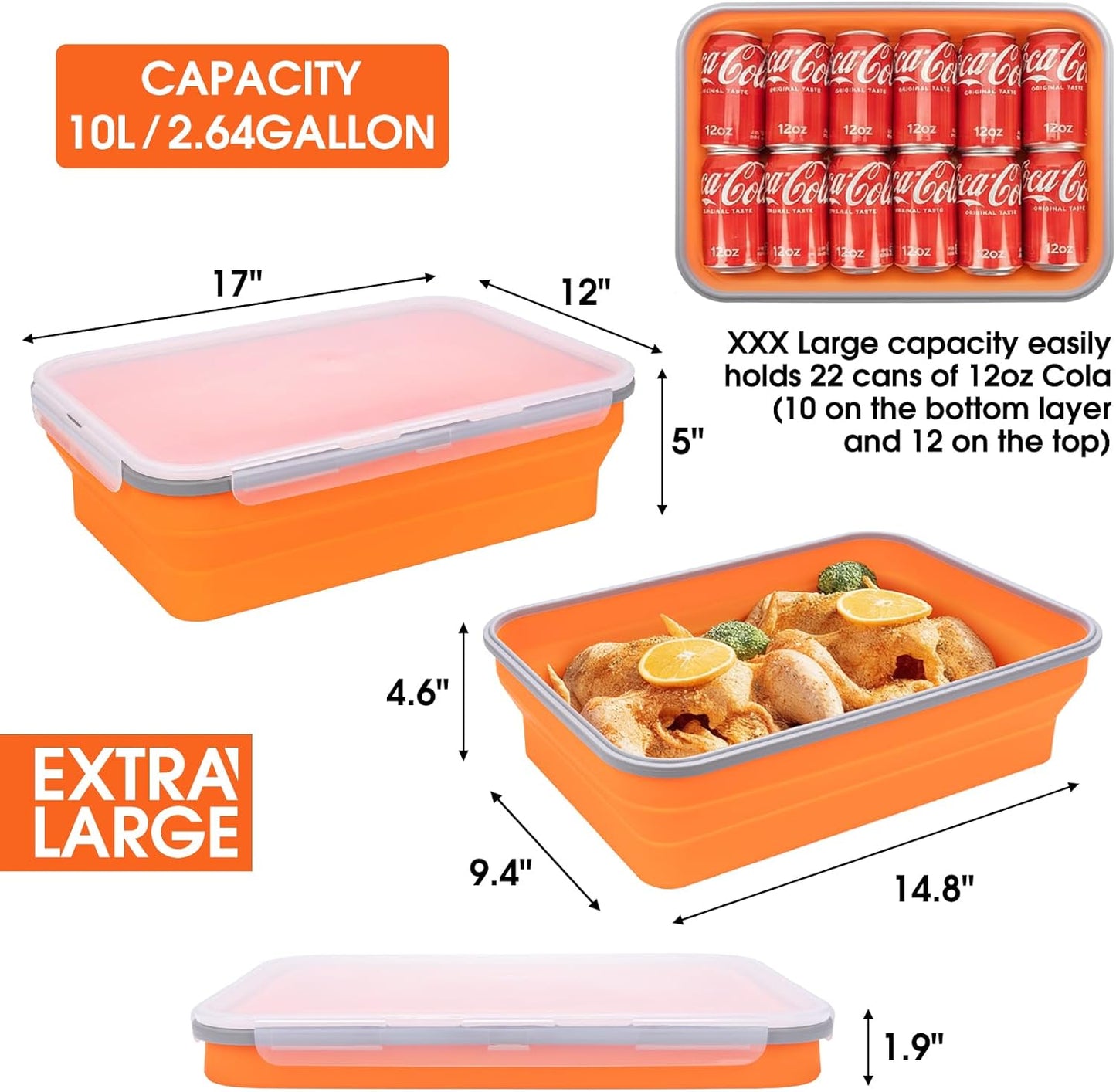 Silicone Collapsible Marinating Container with Lid for Meat, 2.64Gal/10L, Extra Large Collapsible BBQ Prep Tub, Transparent Locking Lid, XL Grill Prep Trays and Carry System, BBQ Must-Have, Black