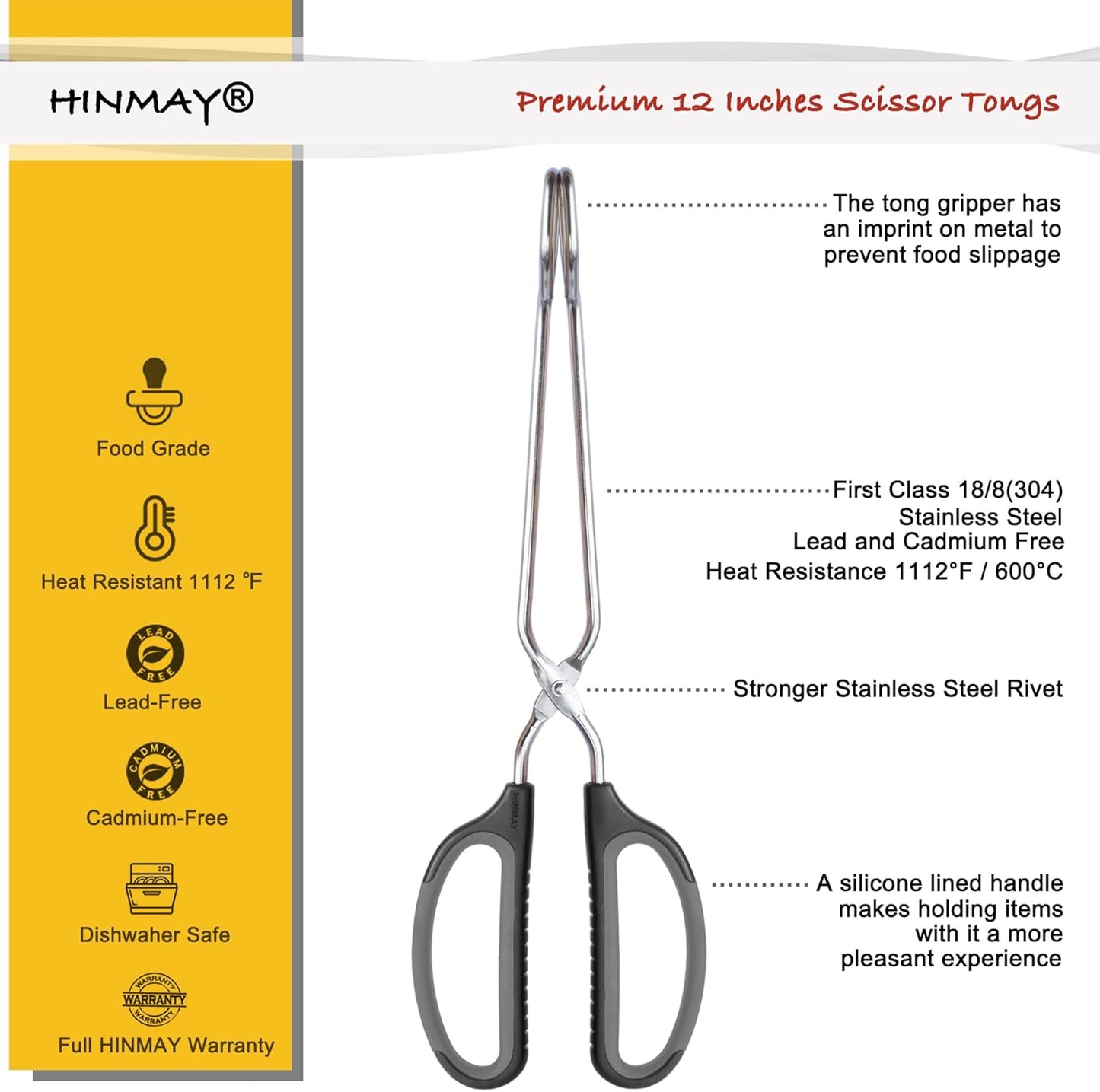 HINMAY Stainless Steel Scissor Tongs Cooking Tongs Set, Set of 3 (Black Handle, 10" 12" 16")