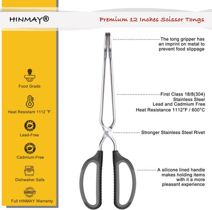 HINMAY Stainless Steel Scissor Tongs Cooking Tongs Set, Set of 3 (Black Handle, 10" 12" 16")