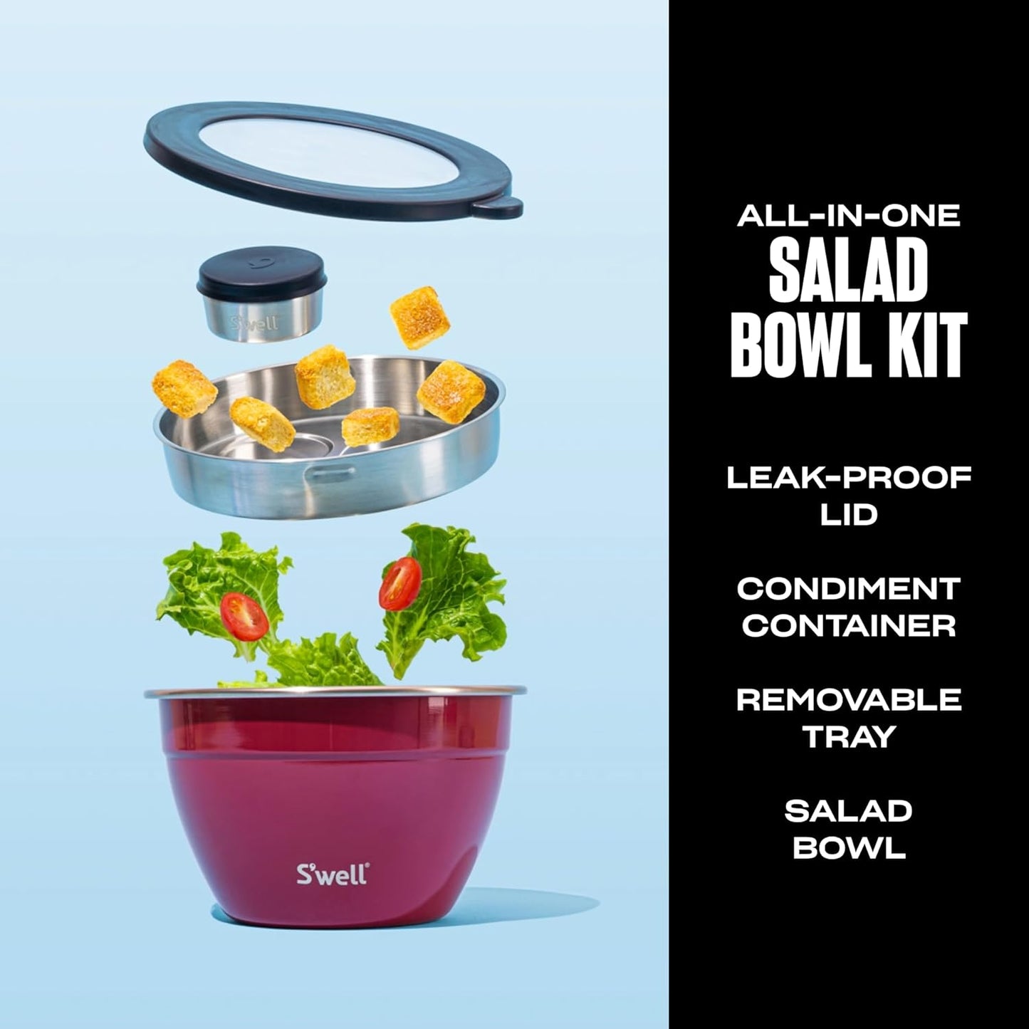 S'well Stainless Steel Salad Bowl Kit 64oz, Peacock Blue, Comes with 2oz Mini Canister and Removable Tray for Organization, Leakproof, Easy to Clean, Dishwasher Safe