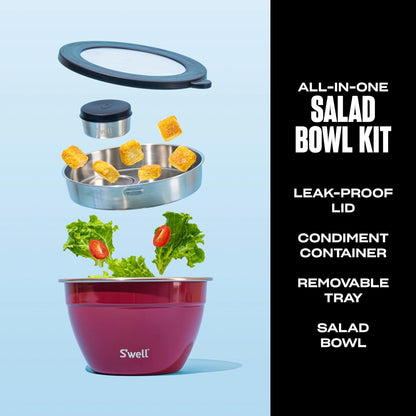 S'well Stainless Steel Salad Bowl Kit 64oz, Peacock Blue, Comes with 2oz Mini Canister and Removable Tray for Organization, Leakproof, Easy to Clean, Dishwasher Safe