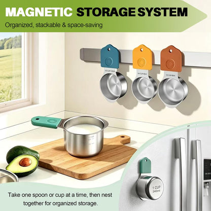 Magnetic Measuring Cups & Spoons Set, Strong N52 Magnets, Heavy Duty 304 Stainless Steel, Dual-Sided Design Fits Spice Jars, Easy-to-Read Markings, 16-Piece Set with Leveler for Baking & Cooking