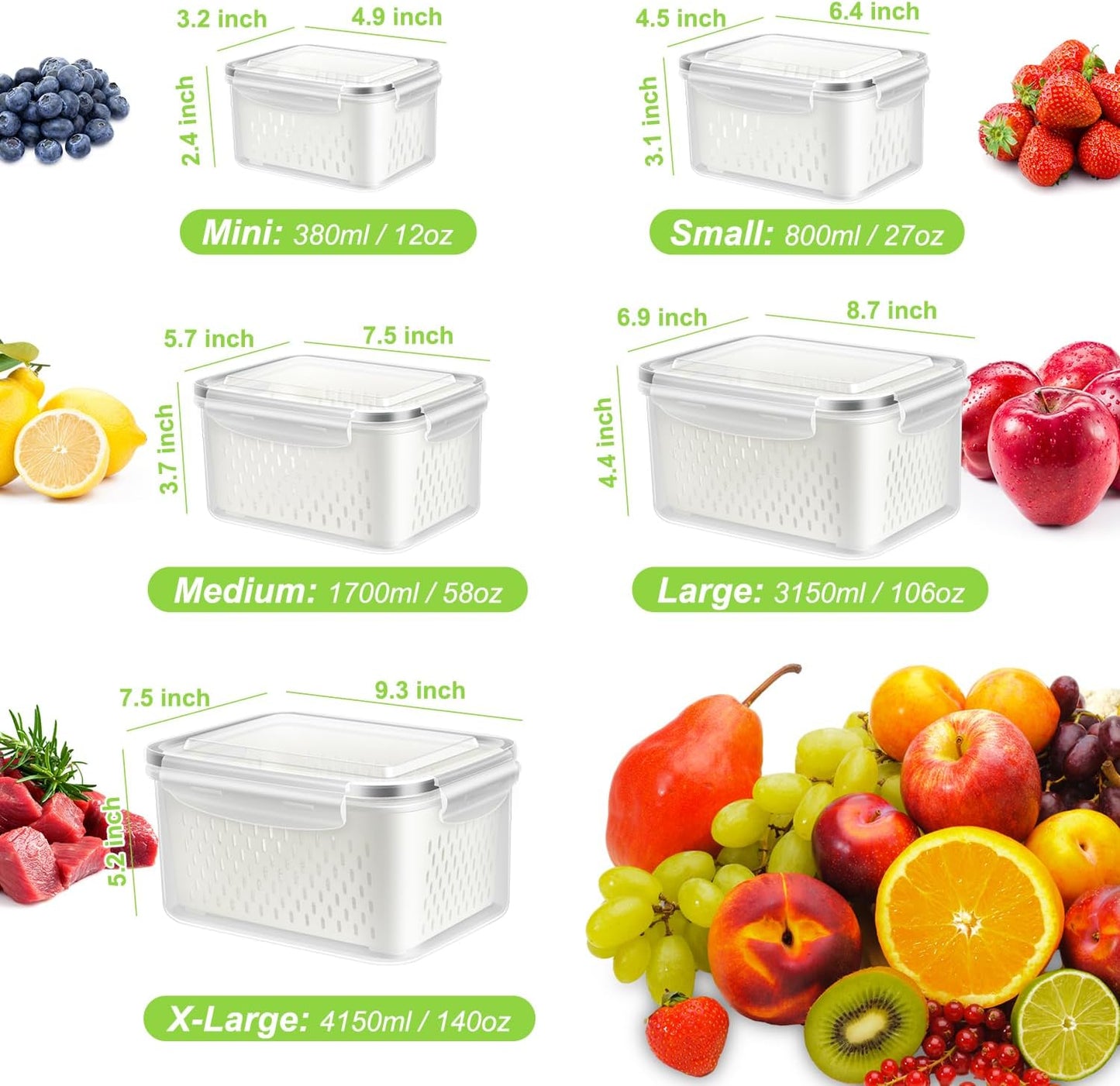 10 Pieces Fruit Storage Container for Fridge, 5 Pack Plastic Fruit Containers for Fridge with Removable Colander, Container for Fruit Berry Salad, BPA Free Kitchen Refrigerator Organizers