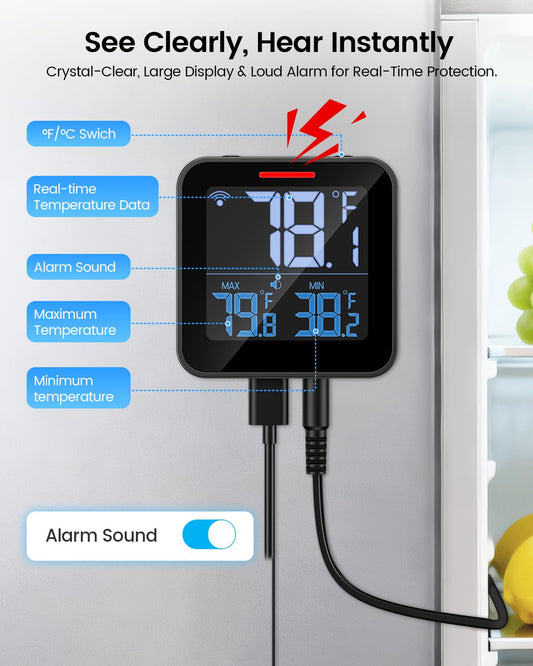 WiFi Refrigerator Thermometer, Freezer Alarm with LCD Display