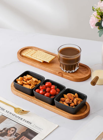 Chip and Dip Serving Set, Ceramic Dipping Sauce Bowls with Wooden Tray, 3.5 inch Side Dishes Set of 3 for Entertaining, Party, Buffets, Appetizers, Snacks and Sushi, Blue
