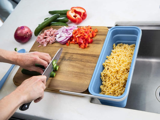 TidyBoard Meal Prep System Base Pack - Over-the-Sink Smart Chopping Board with 1 Large & 2 Small Silicone Tubs & Lids - 1” Thick Acacia Wood Cutting Board with Containers, 7 pieces