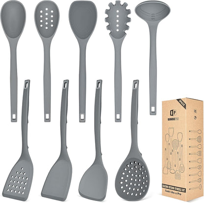 Silicone Cooking Utensils Set, 9 Pcs Heat Resistant Kitchen Utensils with Back Hooks, BPA Free Kitchen Tools with Spatulas, Spoons, Skimmer and Pasta Fork for Non Stick Cookware(KHAKI)