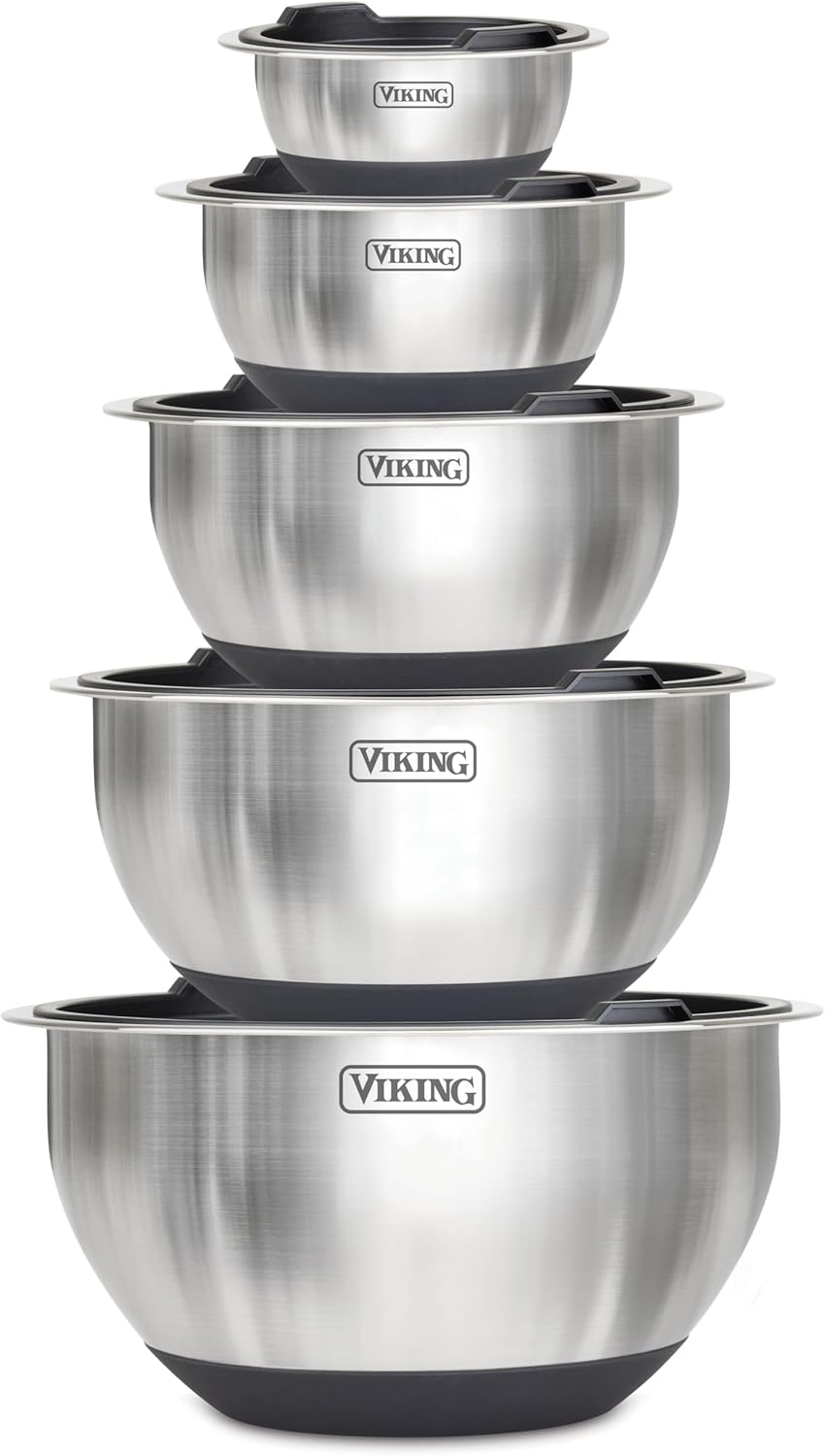Viking Mixing Bowls Set, 10 Piece Stainless Steel Kitchen Cookware, Non-Slip Silicone Base, Includes Tight Fit Lids, Dishwasher Safe, Grey