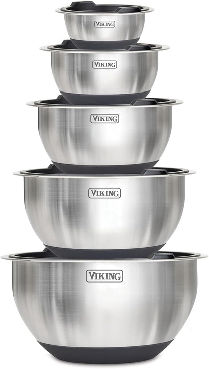 Viking Mixing Bowls Set, 10 Piece Stainless Steel Kitchen Cookware, Non-Slip Silicone Base, Includes Tight Fit Lids, Dishwasher Safe, Grey
